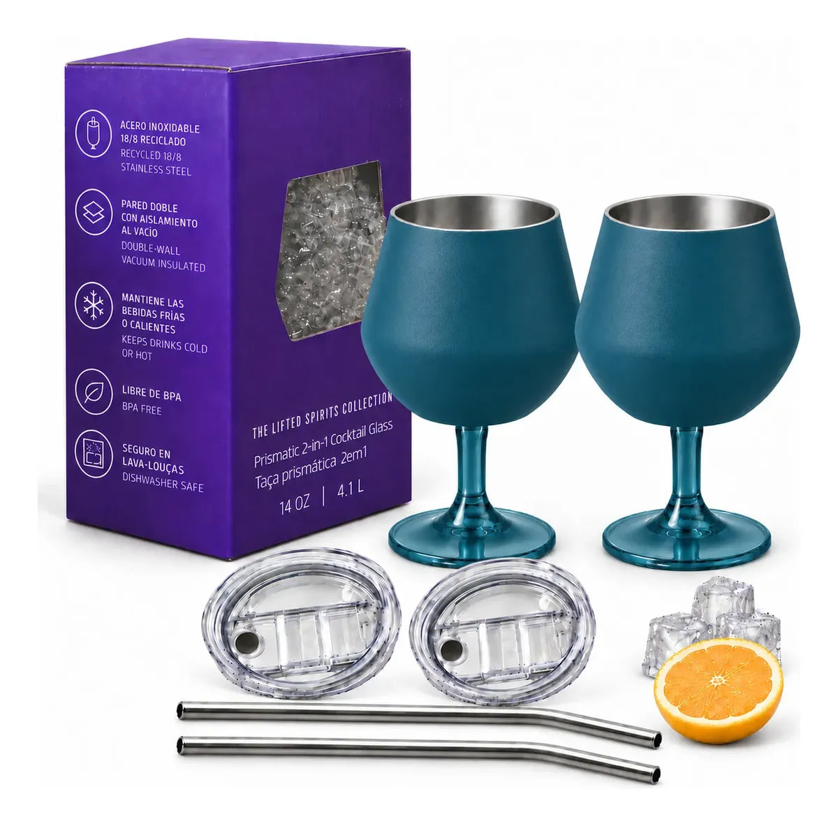 Copa Con Luz Led Base Removible Acero Inoxidable 14oz Set de 2pz