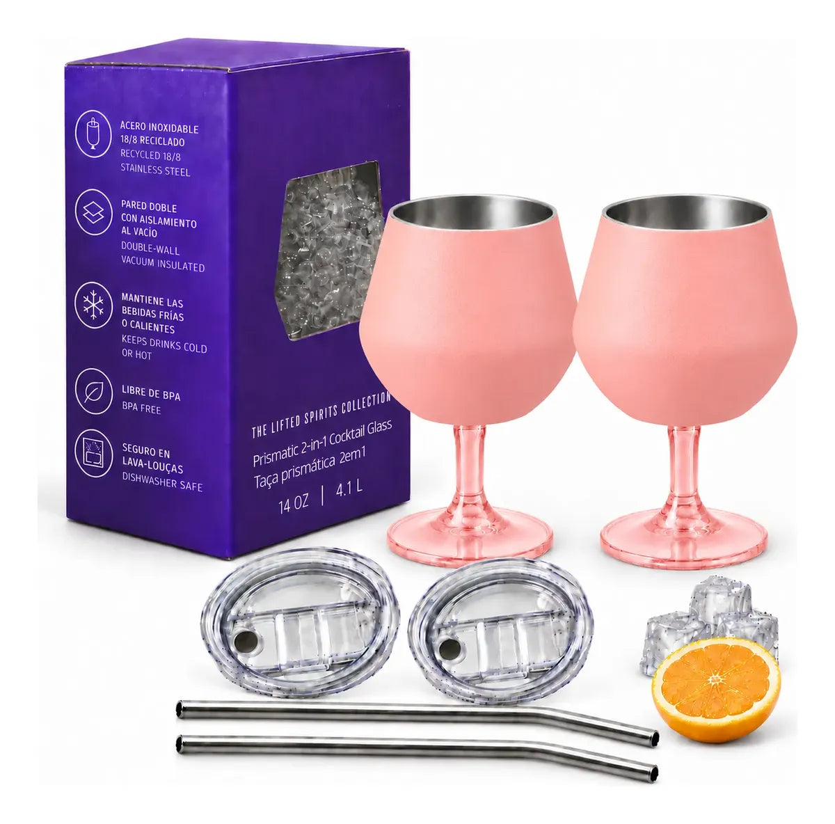 Copa Con Luz Led Base Removible Acero Inoxidable 14oz Set de 2pz