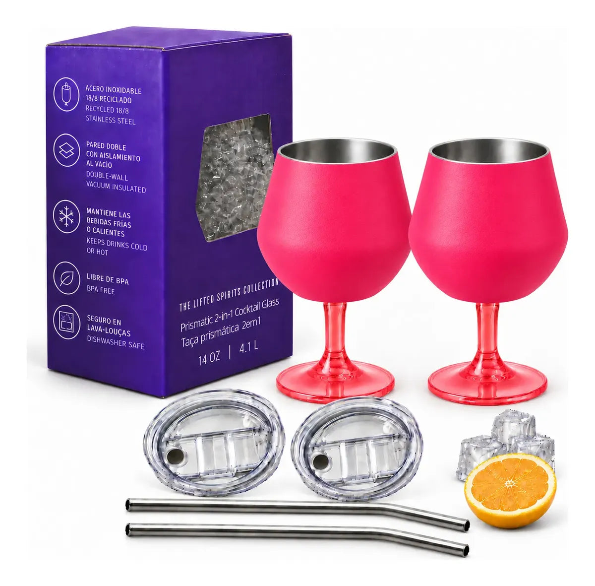 Copa Con Luz Led Base Removible Acero Inoxidable 14oz Set de 2pz