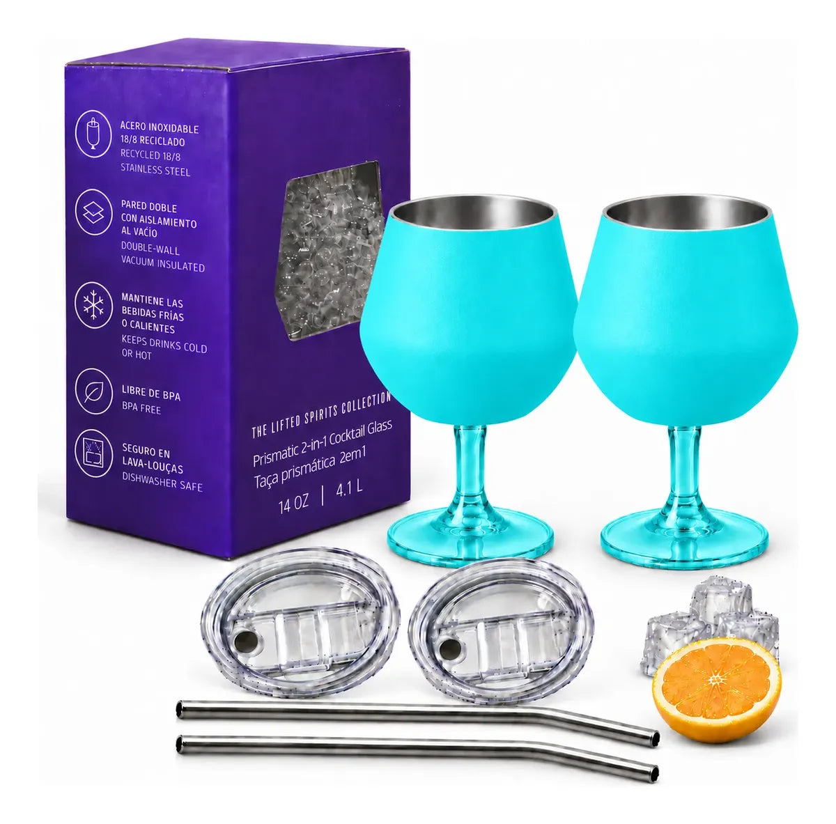 Copa Con Luz Led Base Removible Acero Inoxidable 14oz Set de 2pz