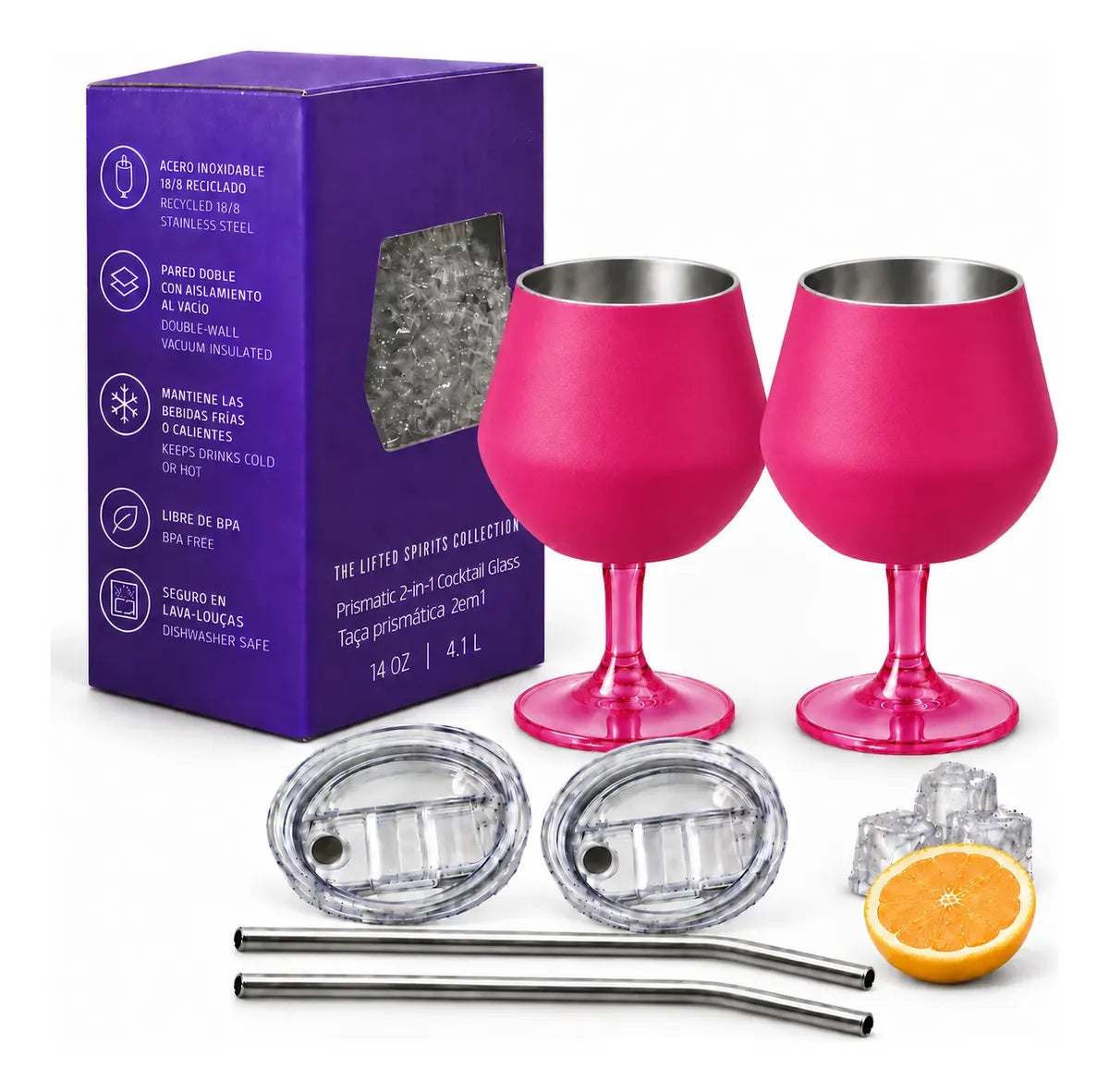 Copa Con Luz Led Base Removible Acero Inoxidable 14oz Set de 2pz