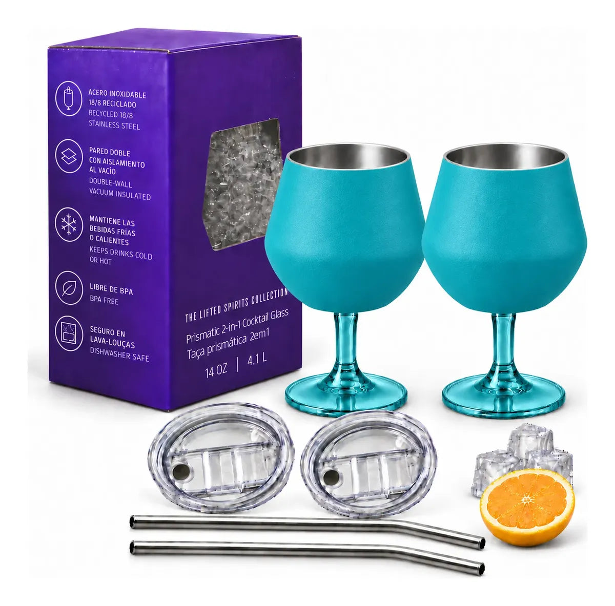 Copa Con Luz Led Base Removible Acero Inoxidable 14oz Set de 2pz