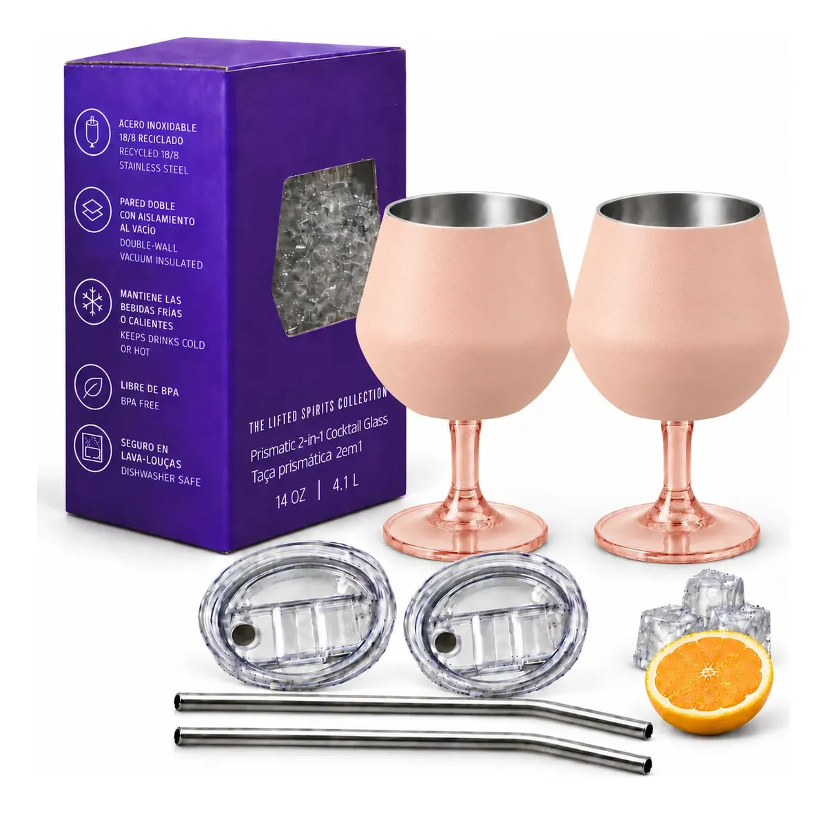 Copa Con Luz Led Base Removible Acero Inoxidable 14oz Set de 2pz