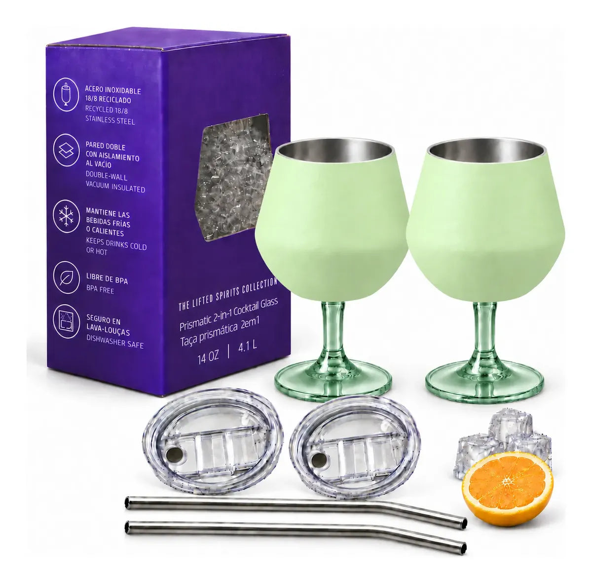 Copa Con Luz Led Base Removible Acero Inoxidable 14oz Set de 2pz