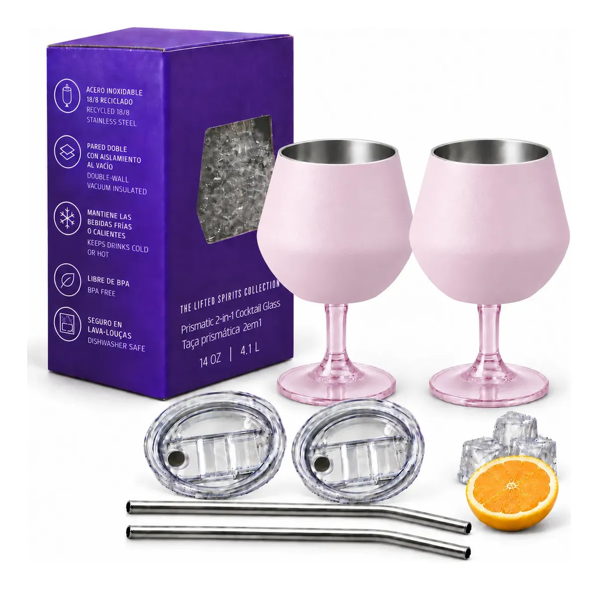 Copa Con Luz Led Base Removible Acero Inoxidable 14oz Set de 2pz