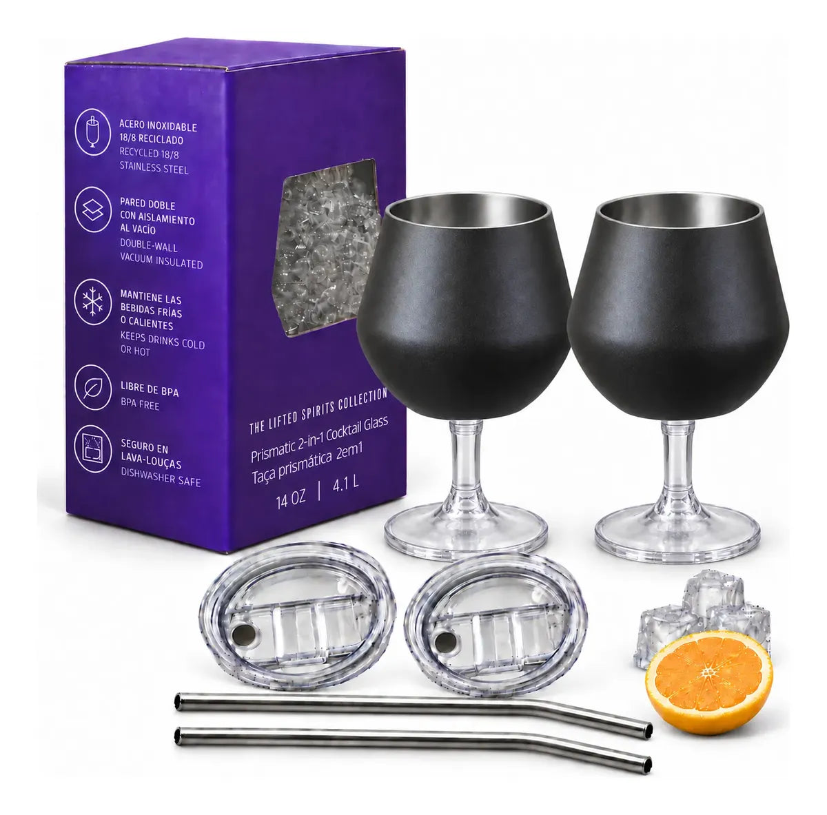 Copa Con Luz Led Base Removible Acero Inoxidable 14oz Set de 2pz