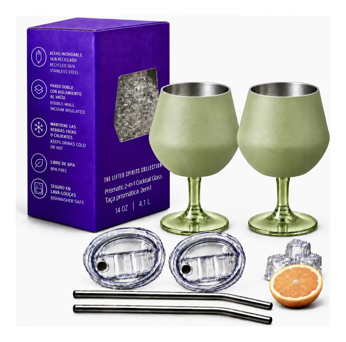 Copa Con Luz Led Base Removible Acero Inoxidable 14oz Set de 2pz