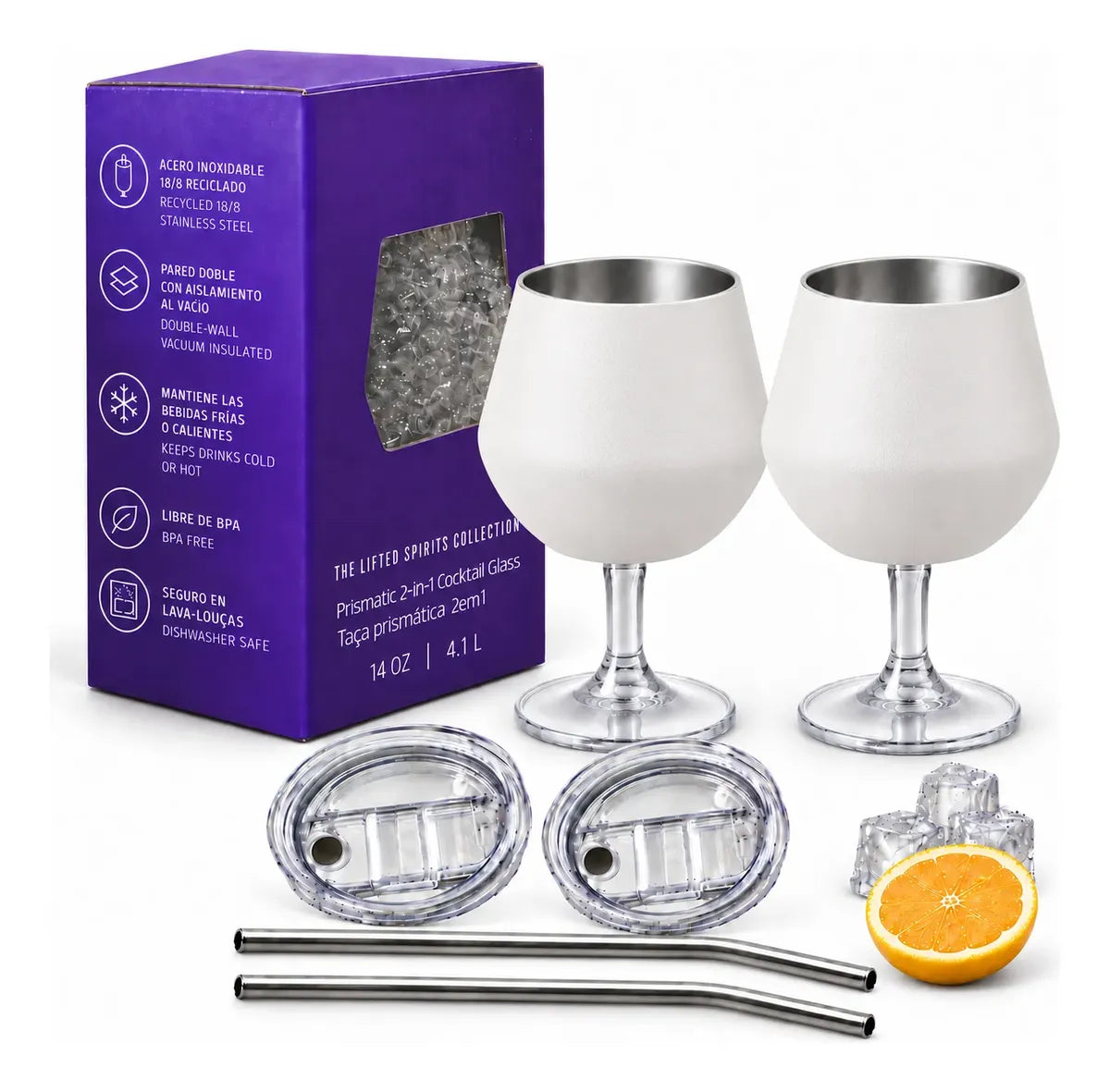Copa Con Luz Led Base Removible Acero Inoxidable 14oz Set de 2pz