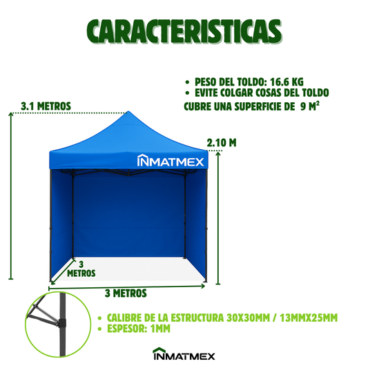 Carpa 3X3 M Azul Con Paredes demontables