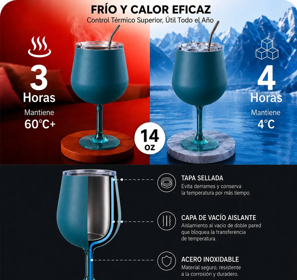 Copa Con Luz Led Base Removible Acero Inoxidable 14oz Set de 2pz