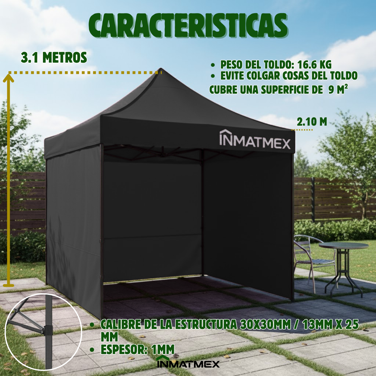 Carpa 3X3 M Negra Con Paredes demontables