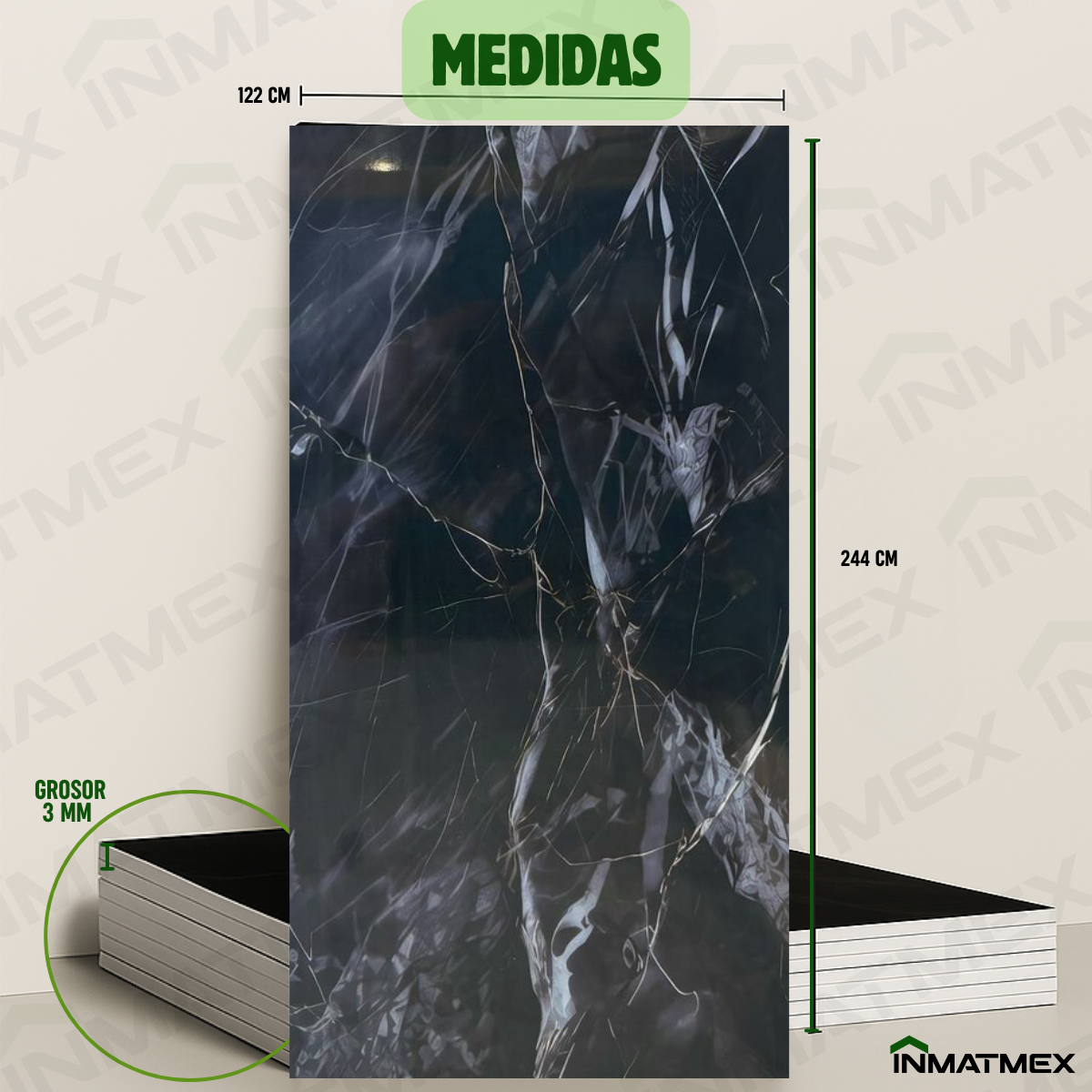 Lamina tipo Mármol Negra 122 CM X 244 CM