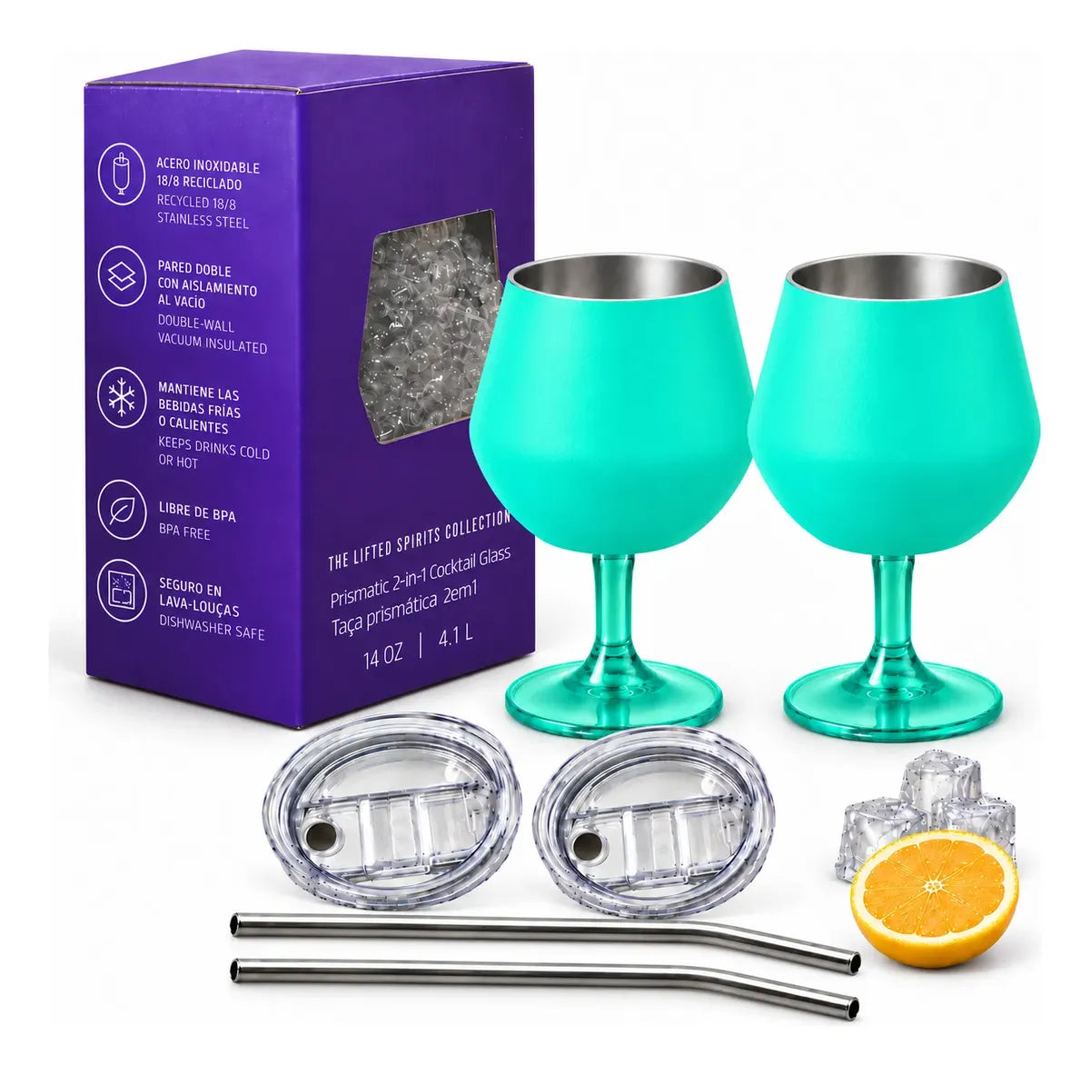 Copa Con Luz Led Base Removible Acero Inoxidable 14oz Set de 2pz