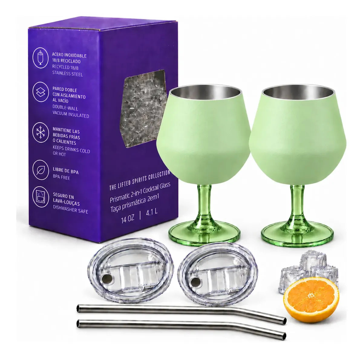 Copa Con Luz Led Base Removible Acero Inoxidable 14oz Set de 2pz